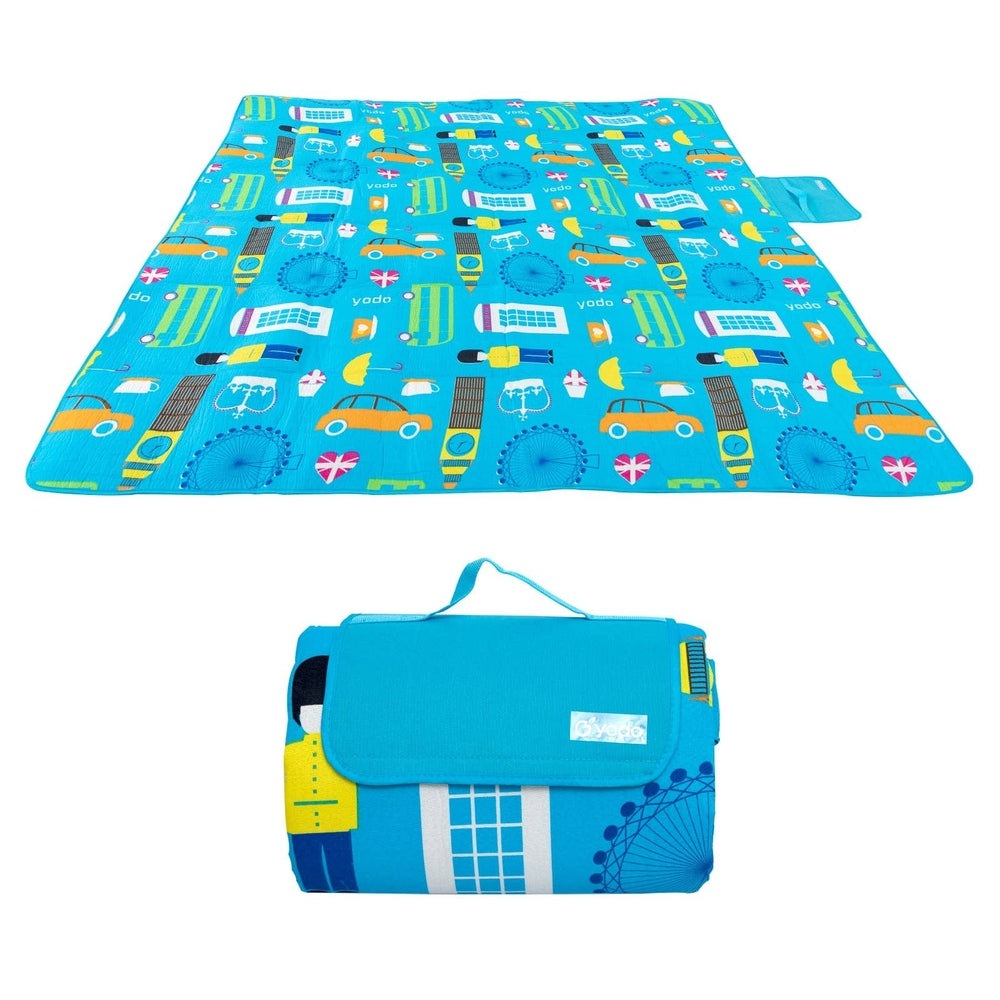 Ray Star London City View picnic blanket 79x79 in blue; sandproof, waterproof with carry bag