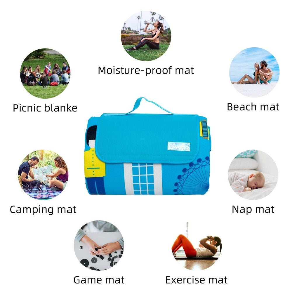 Ray Star 79x79 London City View picnic blanket blue sandproof and waterproof large beach mat