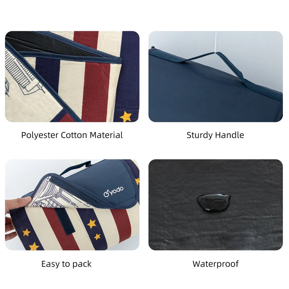 Ray Star 79x79 inch red and blue striped picnic blanket with stars; sandproof, waterproof, carry-handle, easy to pack