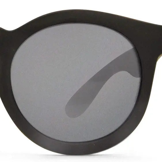 Real Shades Chill Sunglasses Kids Black with grey lenses, close-up shows solid black frame encasing grey lenses.