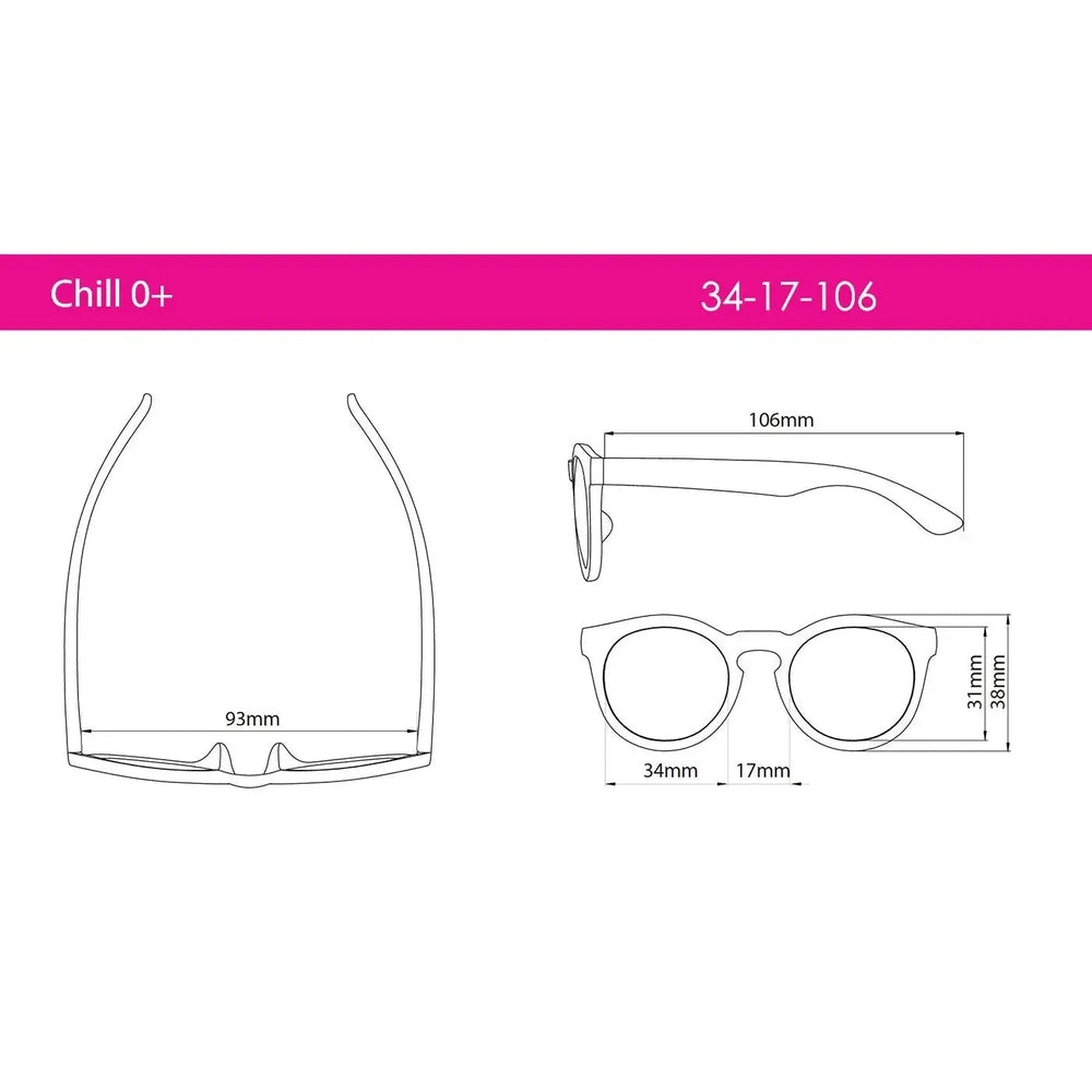 Real Shades Chill Sunglasses Kids Dusty Rose with round lenses; shown with 93mm frame width and 106mm temple length.