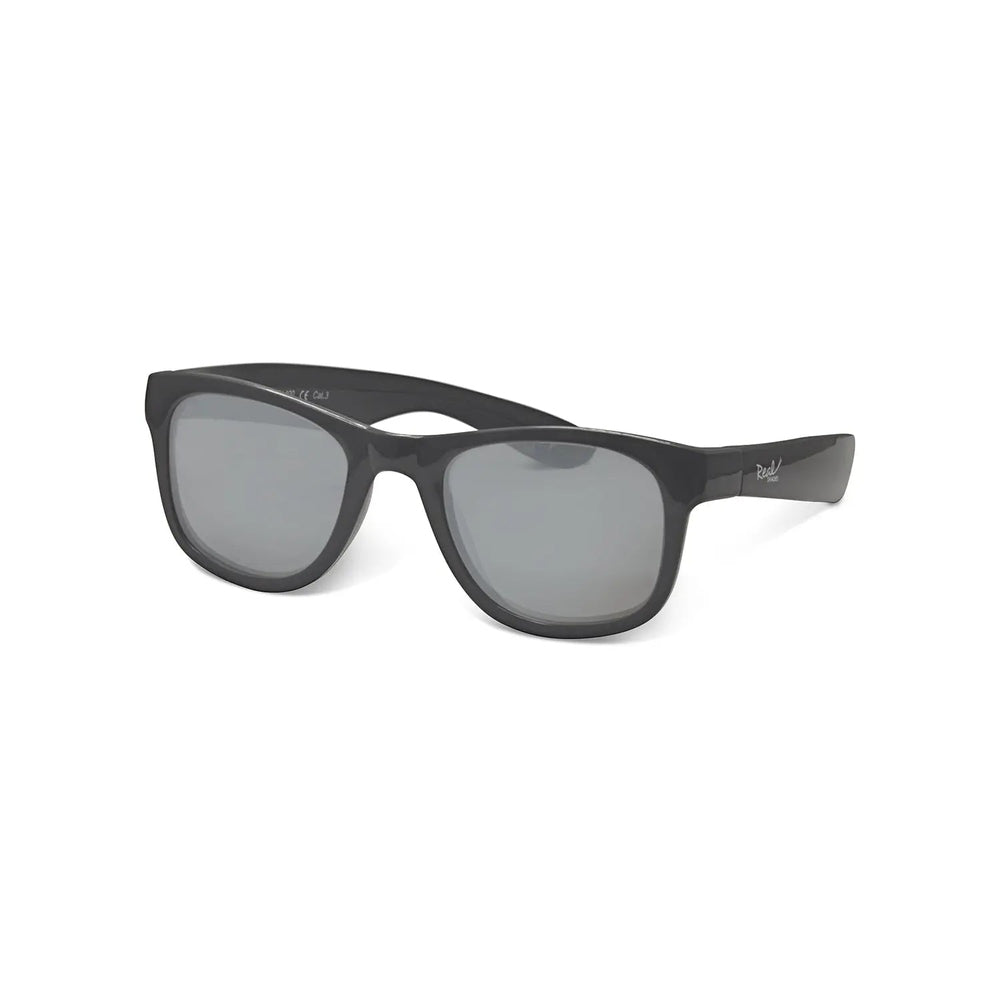 Real Shades Surf Sunglasses Kids Black with grey lenses, shown on white background ready for sunny outdoor adventures.