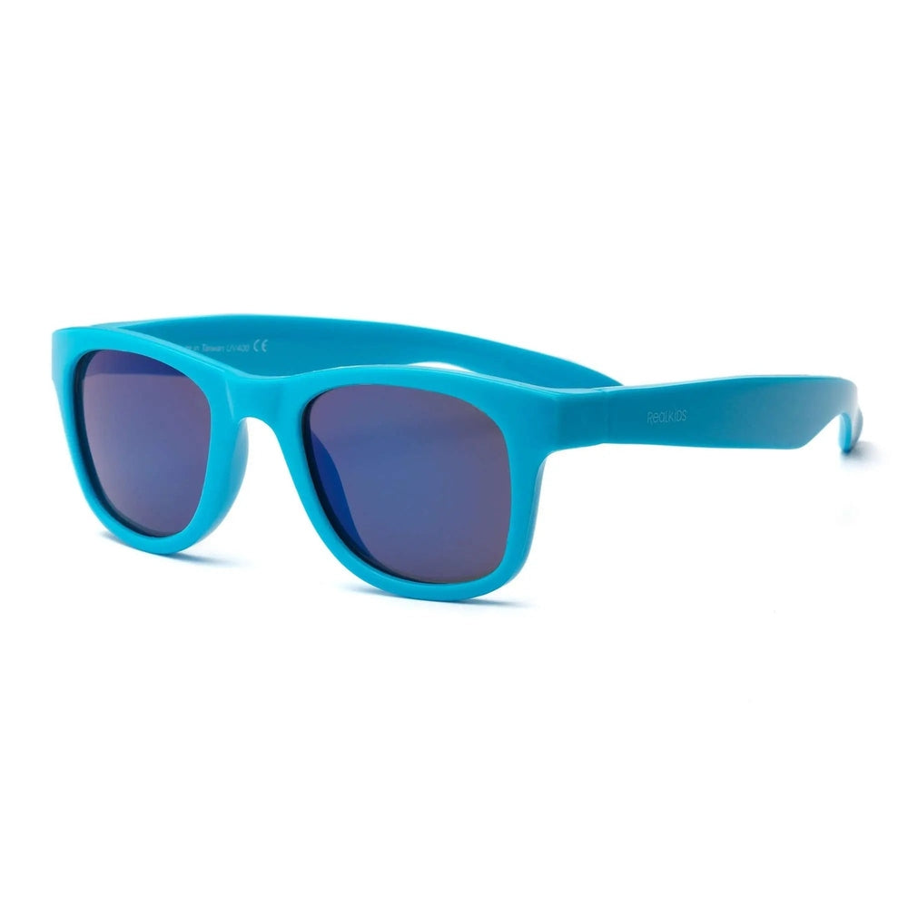 Real Shades Surf Sunglasses Kids Neon Blue with blue plastic frame and dark lenses, posed on white background