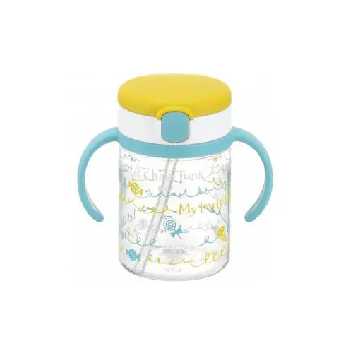 Richelle Clear Straw Bottle Mug 200 ml with blue handles and yellow lid, showing the built-in straw for sipping.