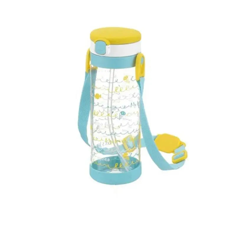 Richelle Clear Straw Bottle Mug 450 ml with turquoise lid and yellow accents, blue strap worn over shoulder