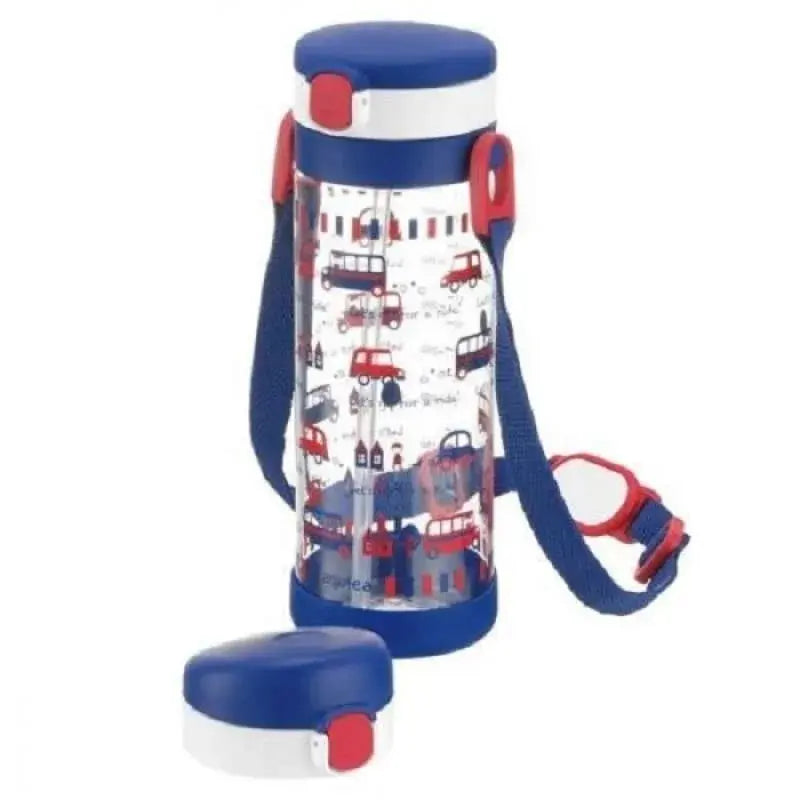Richelle Clear Straw Bottle Mug 450 ml; blue cap, red latch, car-pattern body carried by blue strap.
