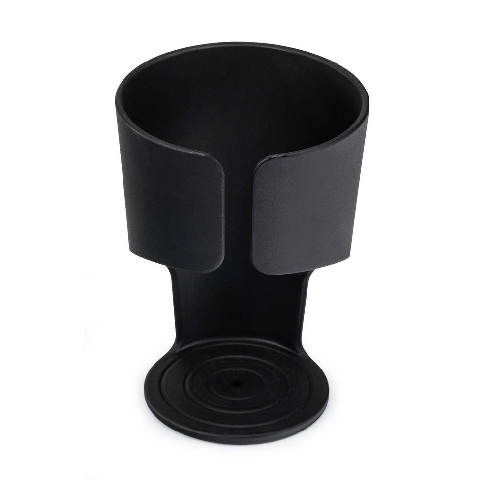 ROMER Romer Tura Cup Holder in black, cylindrical stroller cup holder with side clamps and round base.