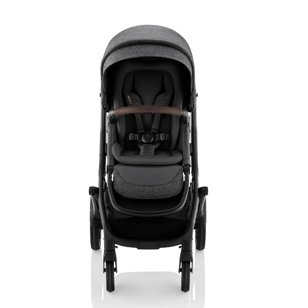 Romer Tura Stroller in charcoal gray with canopy and secure 5-point harness, front view ready for a stroll.