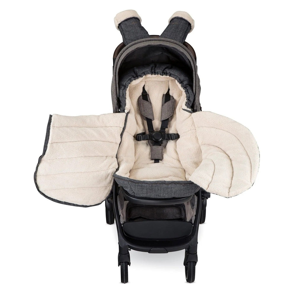 Romer Tura Winter Kit (Cover + Gloves) for ROMER stroller, beige plush cover and mitts shown on a gray chassis.