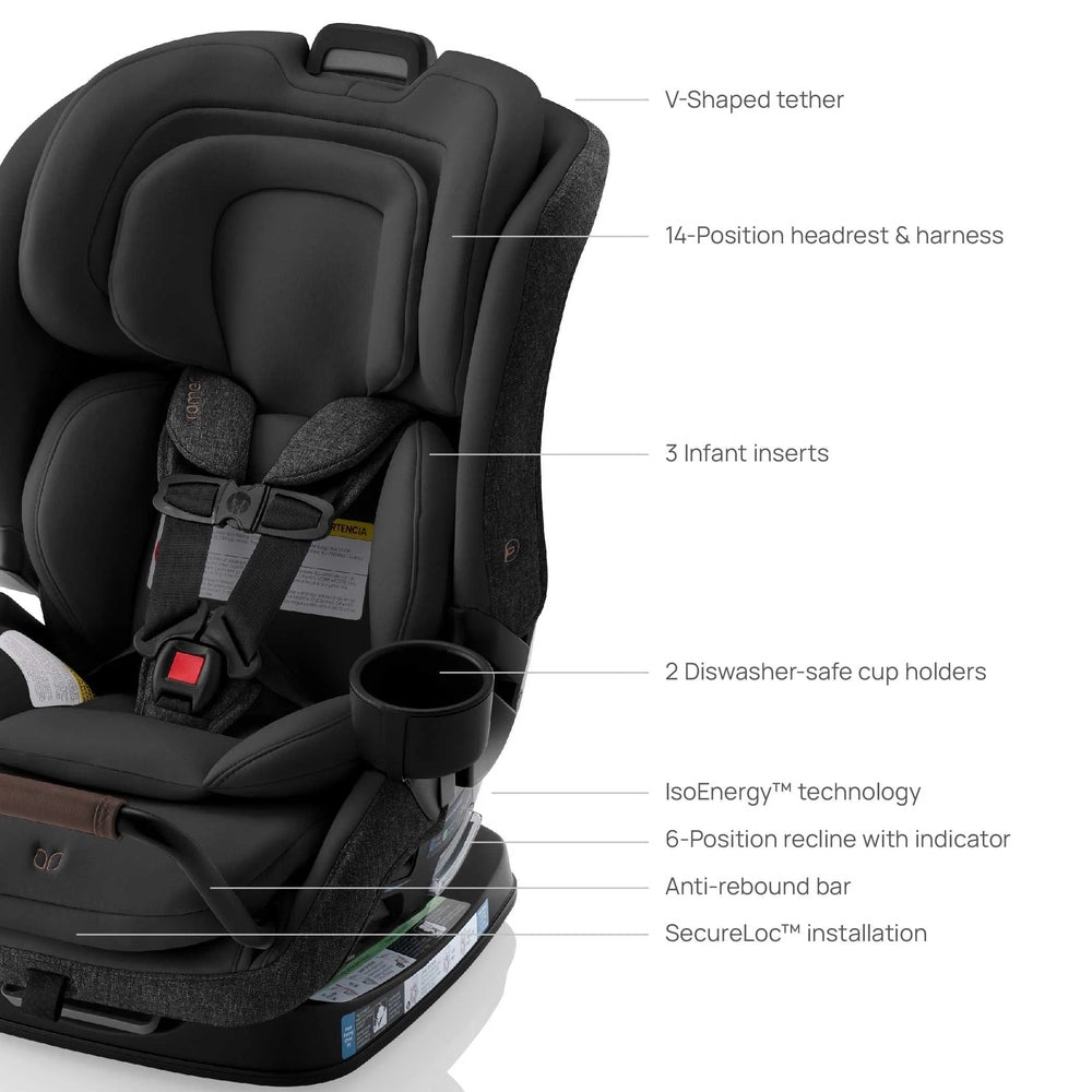 ROMER Romer Veni Convertible Car Seat in black, with 14-position headrest, secure harness, and dual cup holders.