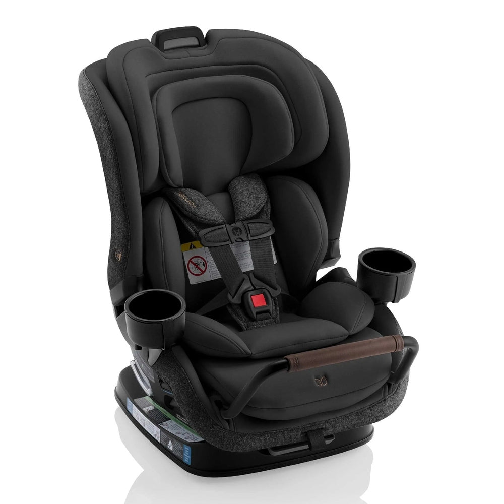 ROMER Veni Convertible Car Seat in black with 5-point harness fastened and dual cup holders visible.