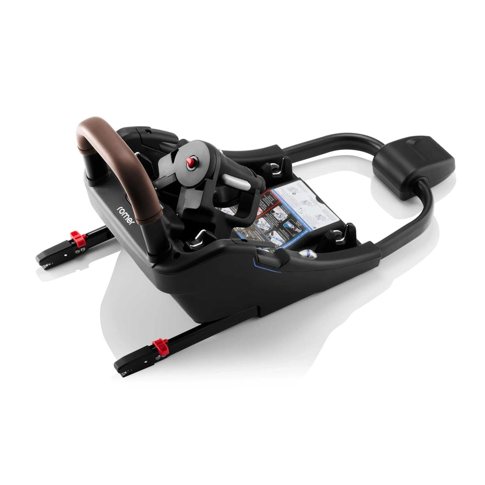 Romer Versa Infant Car Seat Base with SecureLoc and Rigid LUAS, black base mounted with red locking levers.