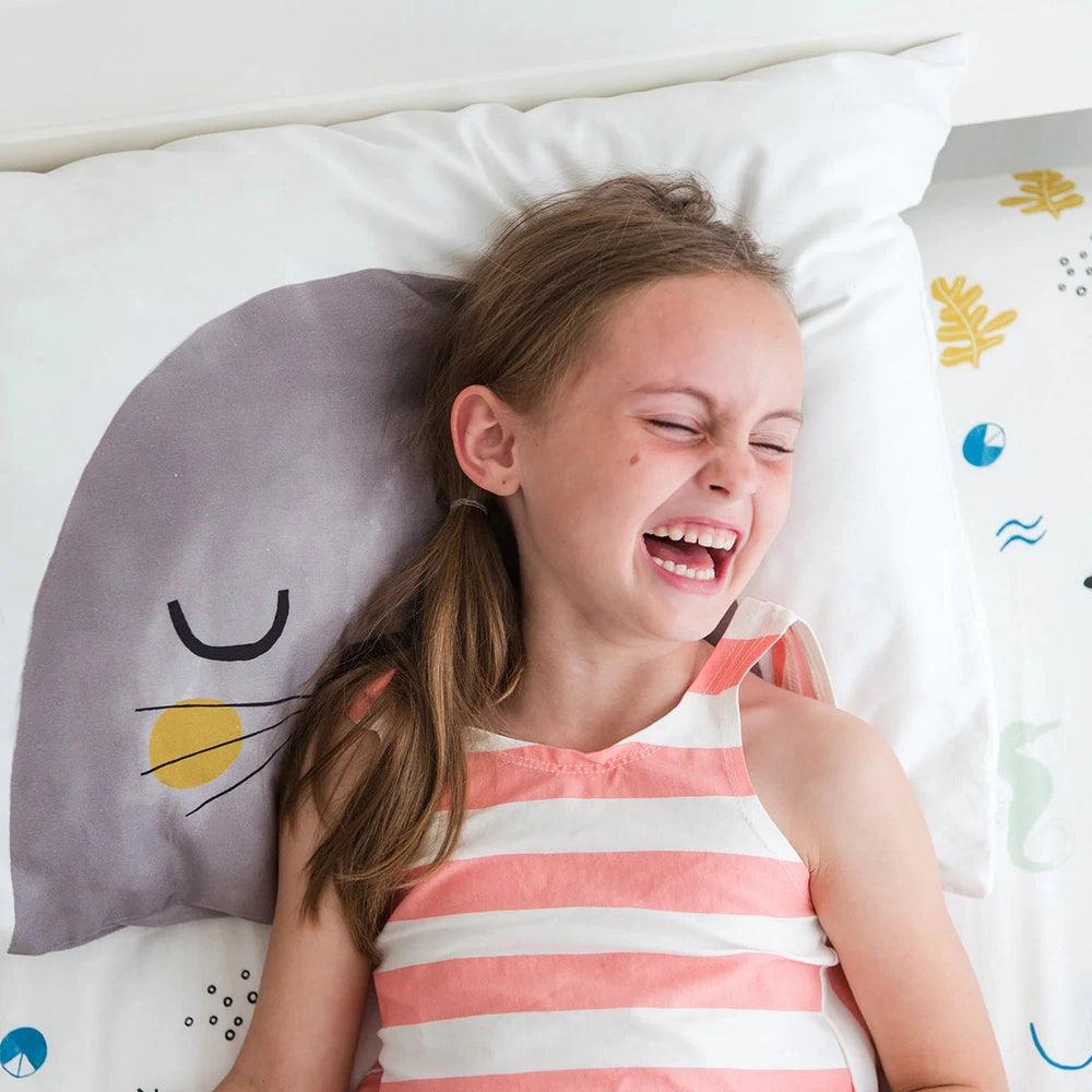 Rookie Humans toddler pillowcase set, 2-pack Underwater Love; gray pillow with minimalist face motif