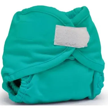 Rumparooz Velcro Cloth Diaper in turquoise, securely fastened with a white Velcro tab.