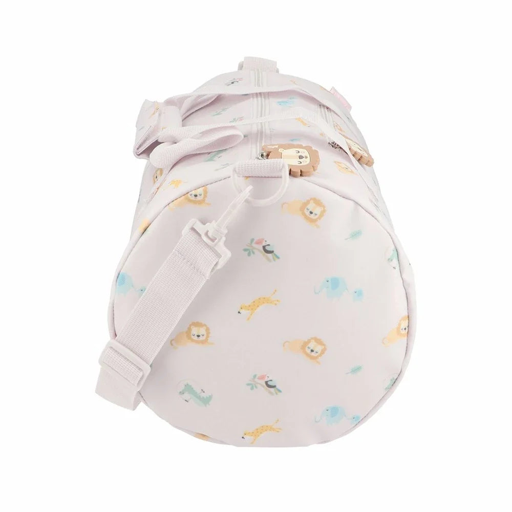 A light pink cylindrical duffel bag with a playful animal print featuring lions, giraffes, and birds in soft pastel colors, complete with a matching adjustable shoulder strap.