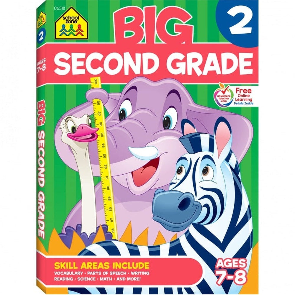 School Zone Big Second Grade workbook with green cover featuring a zebra and purple elephant, ages 7-8