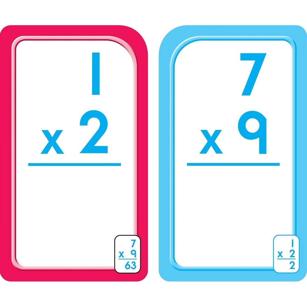 School Zone multiplication flash cards set of 2 pink and blue cards showing 12 and 79