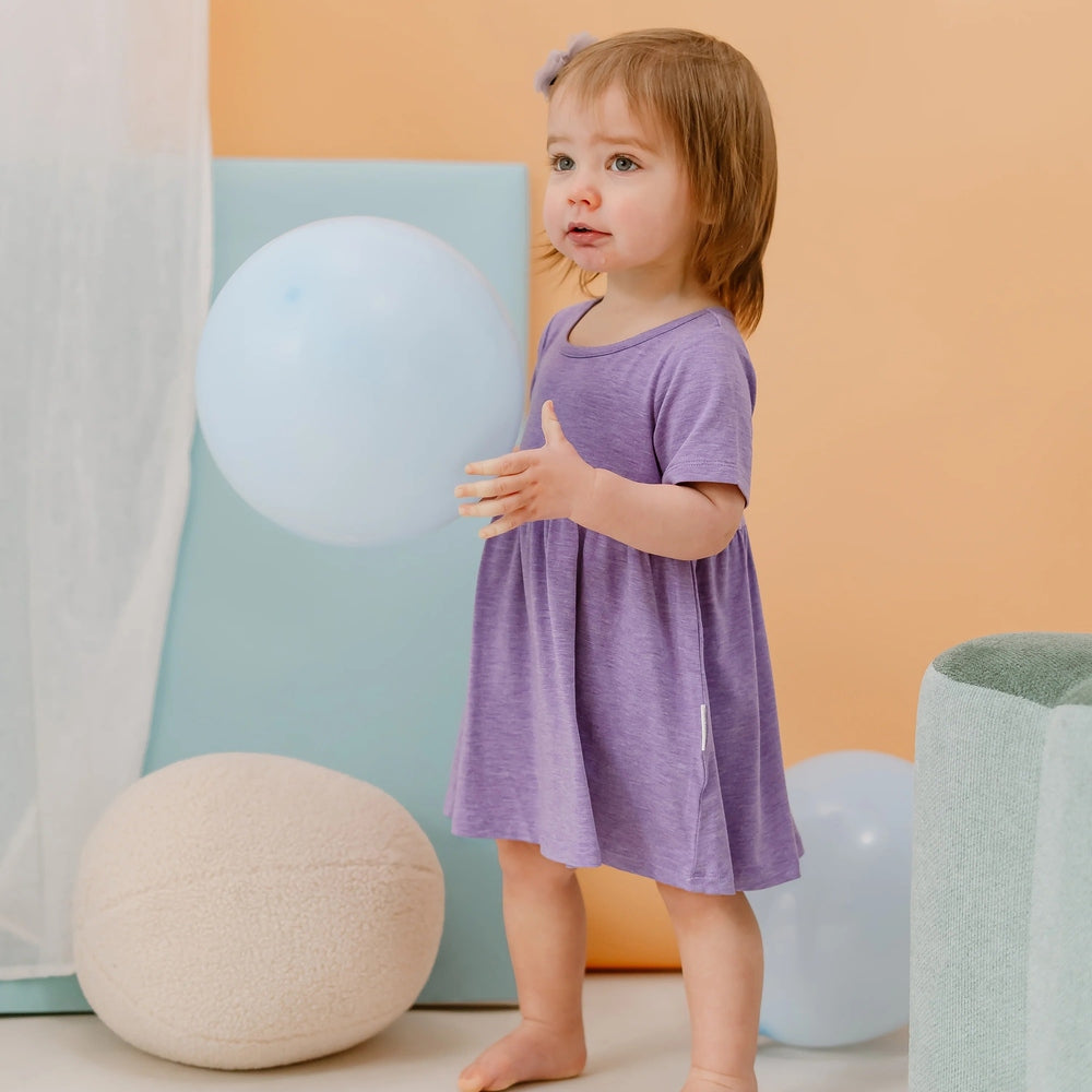 NEST DESIGNS Nest Designs Short Sleeve Dress Violet Blooms A-line flared silhouette with heathered jersey fabric img 4/4