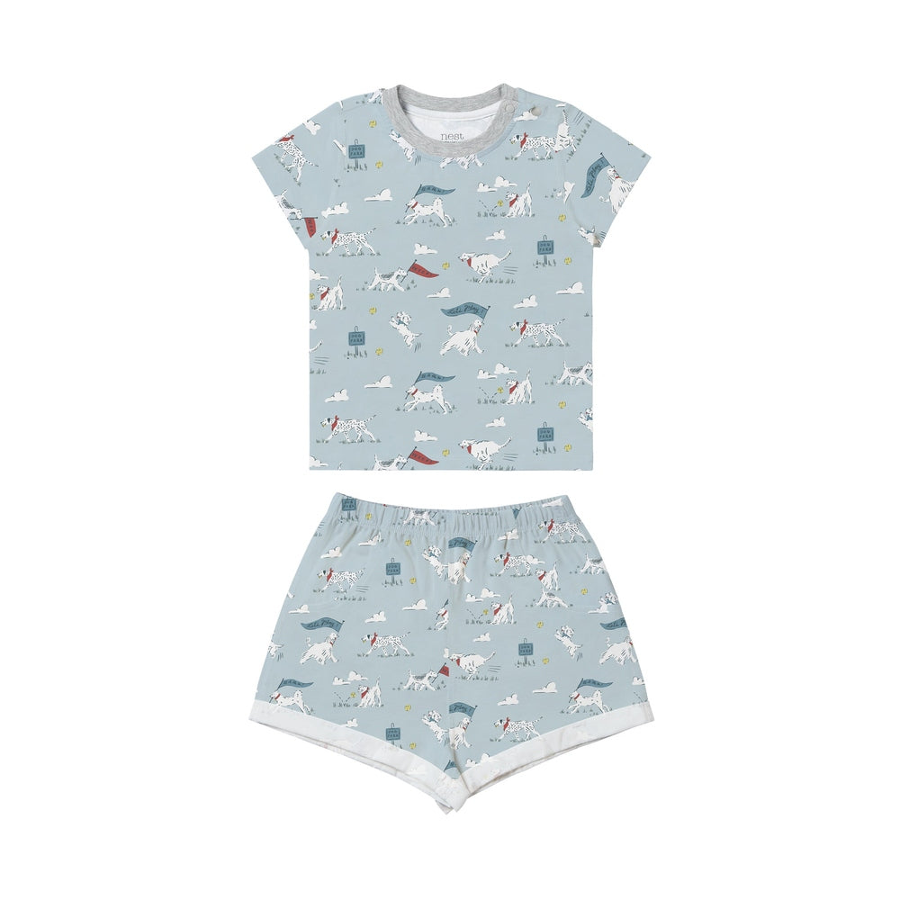 NEST DESIGNS Nest Designs Short Sleeve PJ Set Puppy Park white rolled cuffs on shorts with grey ribbed neckline img 1/10