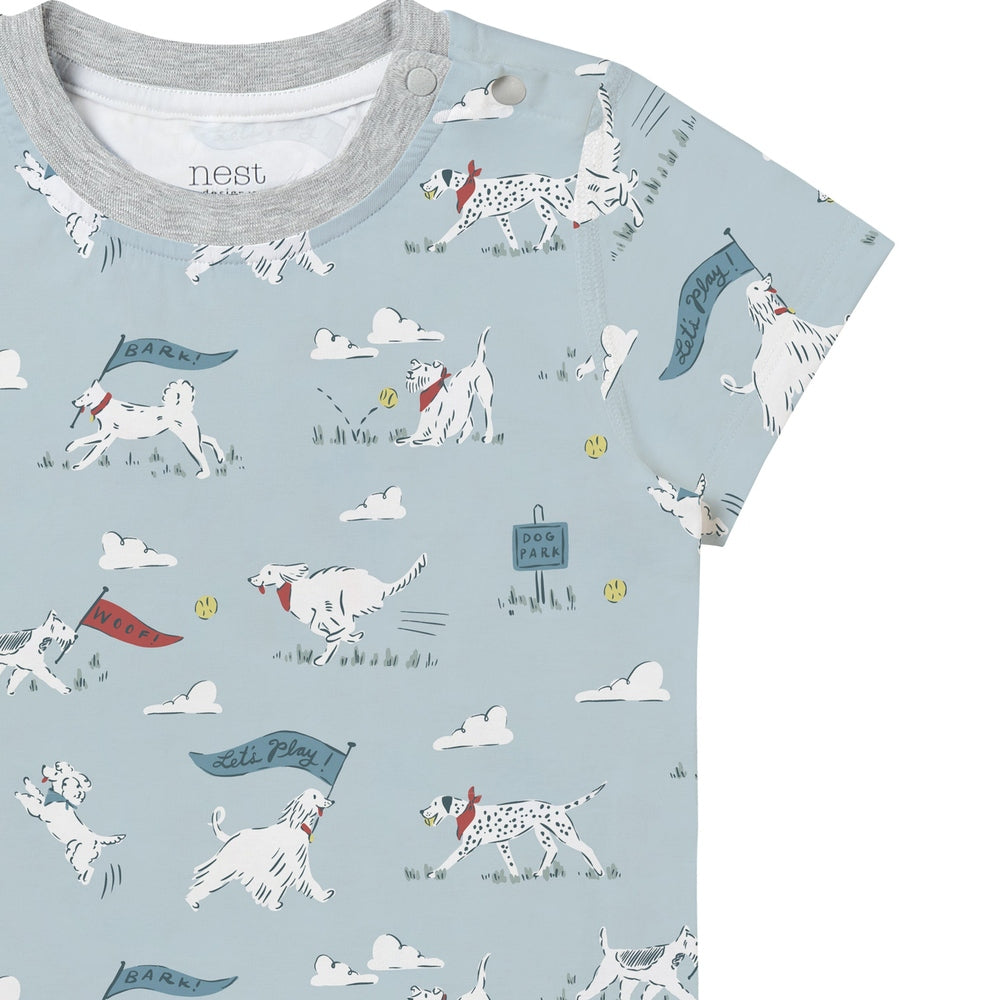 NEST DESIGNS Nest Designs Short Sleeve PJ Set Puppy Park Shoulder snaps and grey trim with dogs carrying flags print img 6/10