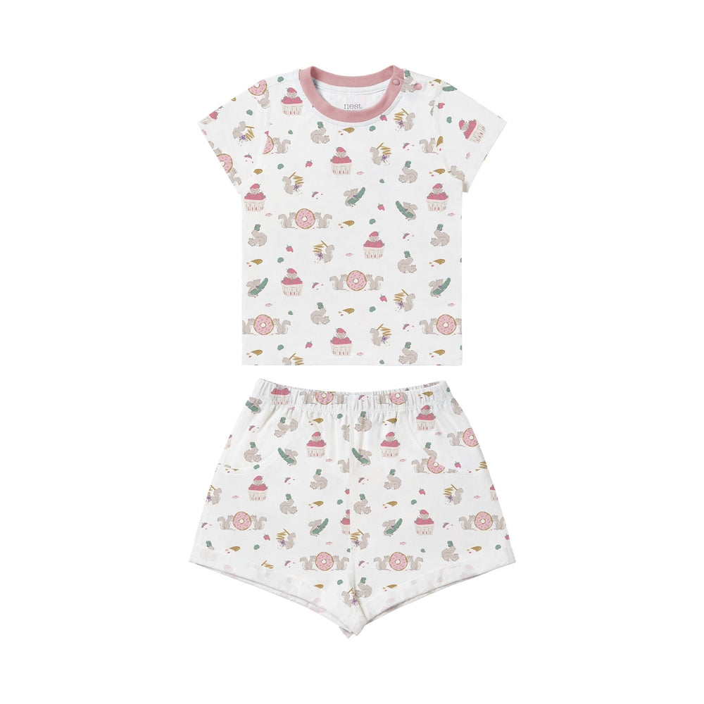 NEST DESIGNS Nest Designs Short Sleeve PJ Set Very Squirrelly Pink ribbed neckline with circus animal and cupcake print img 1/10