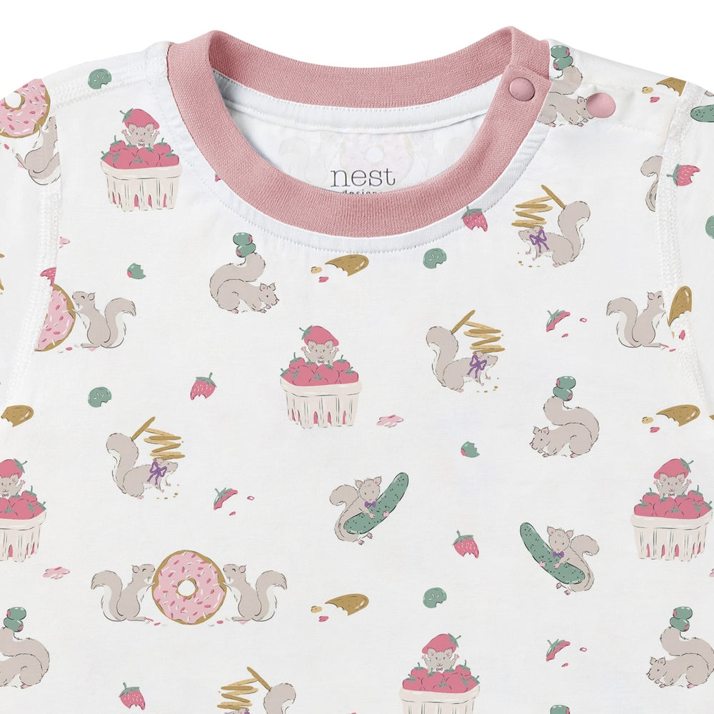NEST DESIGNS Nest Designs Short Sleeve PJ Set Very Squirrelly pink ribbed collar with shoulder snaps and squirrel food print img 7/10