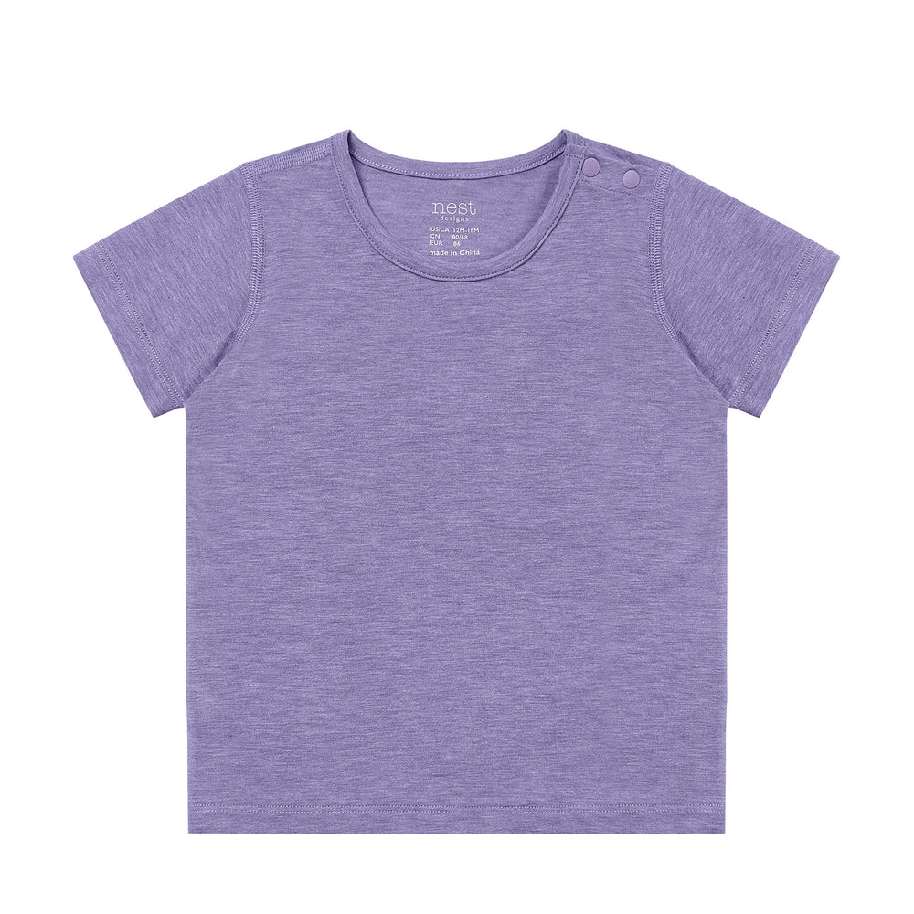 NEST DESIGNS Nest Designs Short Sleeve T Shirt Violet Blooms heathered fabric with shoulder button closure and raglan sleeves img 1/5