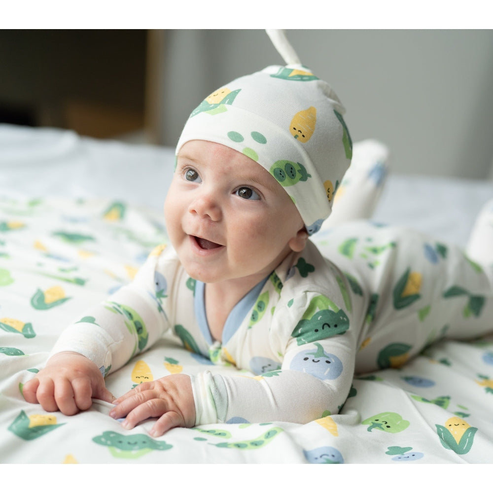 Silkberry Baby Bamboo Footies with Two Way Zipper Farmers Market Print side view with matching beanie