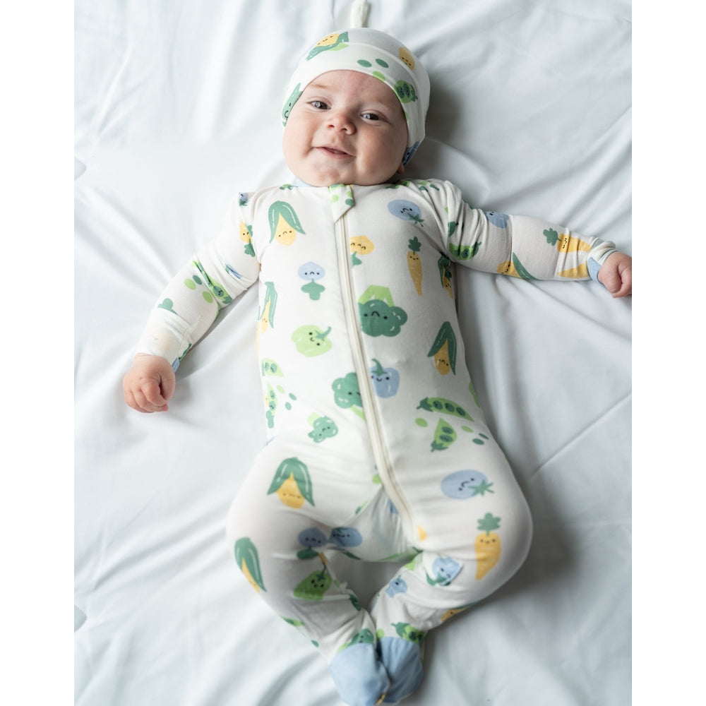 Silkberry Baby Bamboo Footies with Two Way Zipper Farmers Market Print full front view on baby