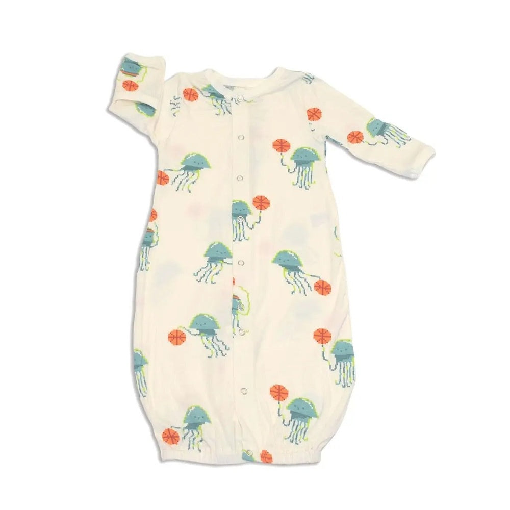 Silkberry Baby Bamboo Gown in white with teal jellyfish print and orange accents