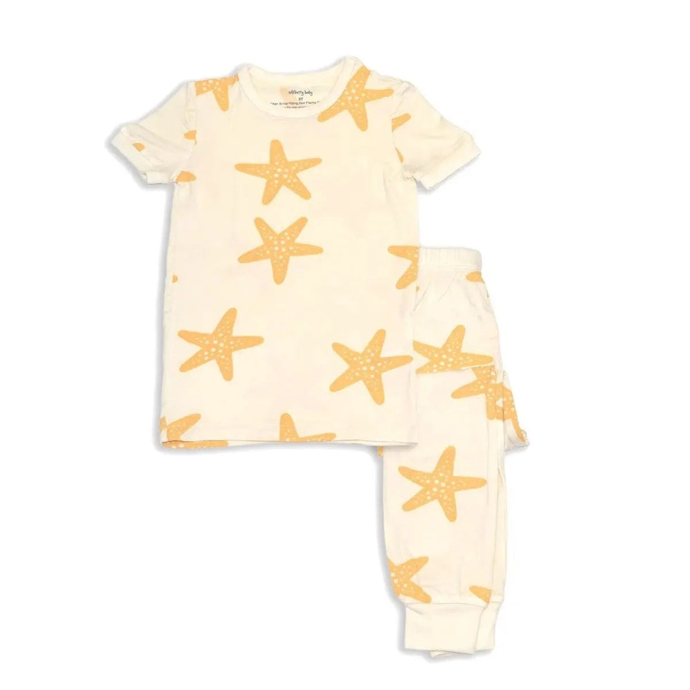 Silkberry Baby Bamboo Short Sleeve 2 Pc Pajama Set Starfish, cream with orange starfish print, laid flat to show full set