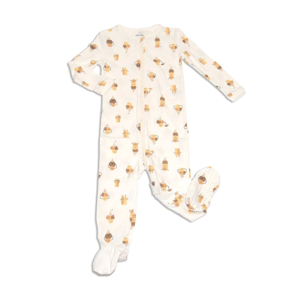 Silkberry Baby zip-up footed onesie in Icy Pals print, cream with ice-cream monkey designs