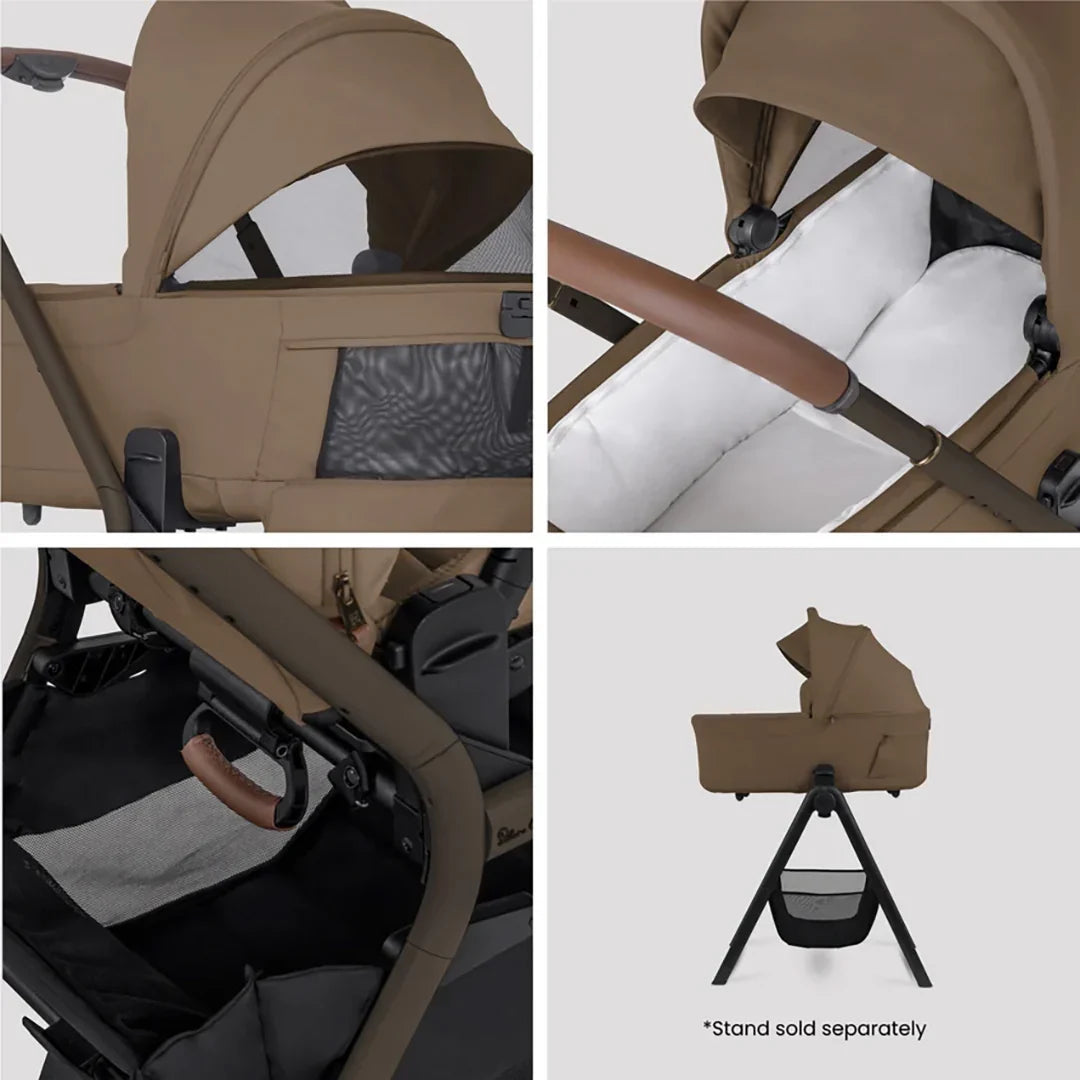 Silver Cross Breez Compact Bassinet in Maple — ventilation, mattress and stand details