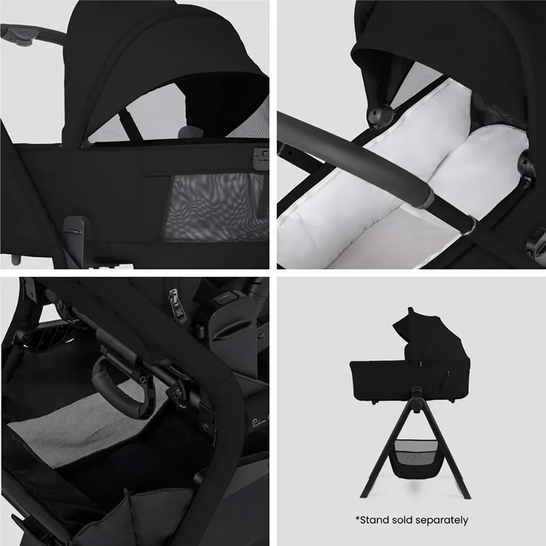 Silver Cross Breez Compact Bassinet in Black — ventilation, mattress and stand details