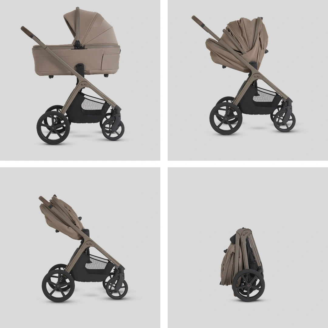 Sequence showing the Cove 2 bassinet folding on the stroller chassis; stroller sold separately from the bassinet.