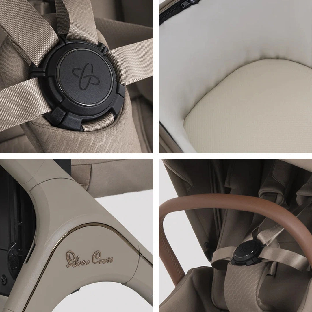 Details of the Cove 2 harness buckle, seat fabric, frame and bumper bar in Champagne.