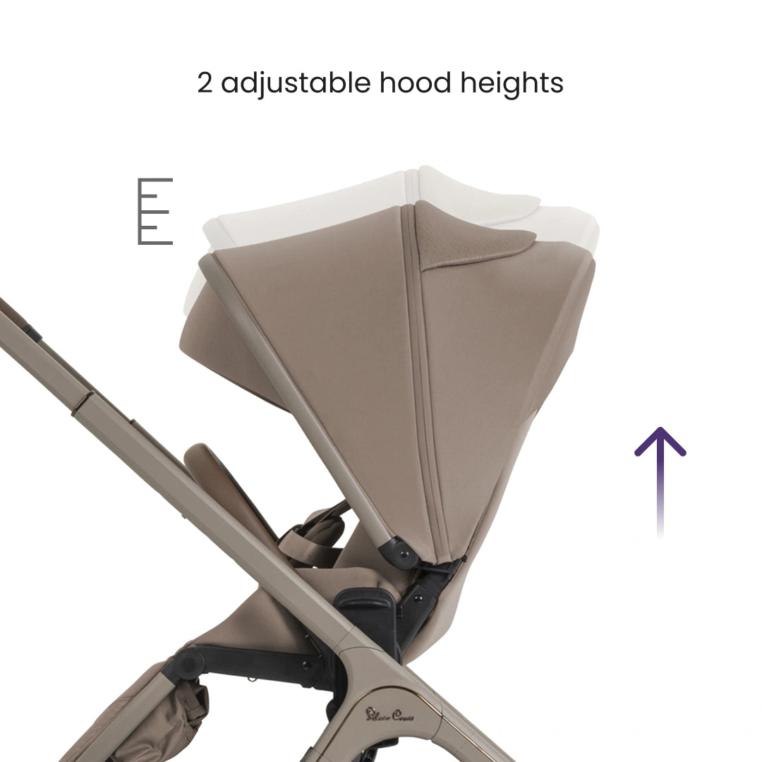 Diagram showing the two adjustable hood heights of the Champagne Cove 2 stroller.