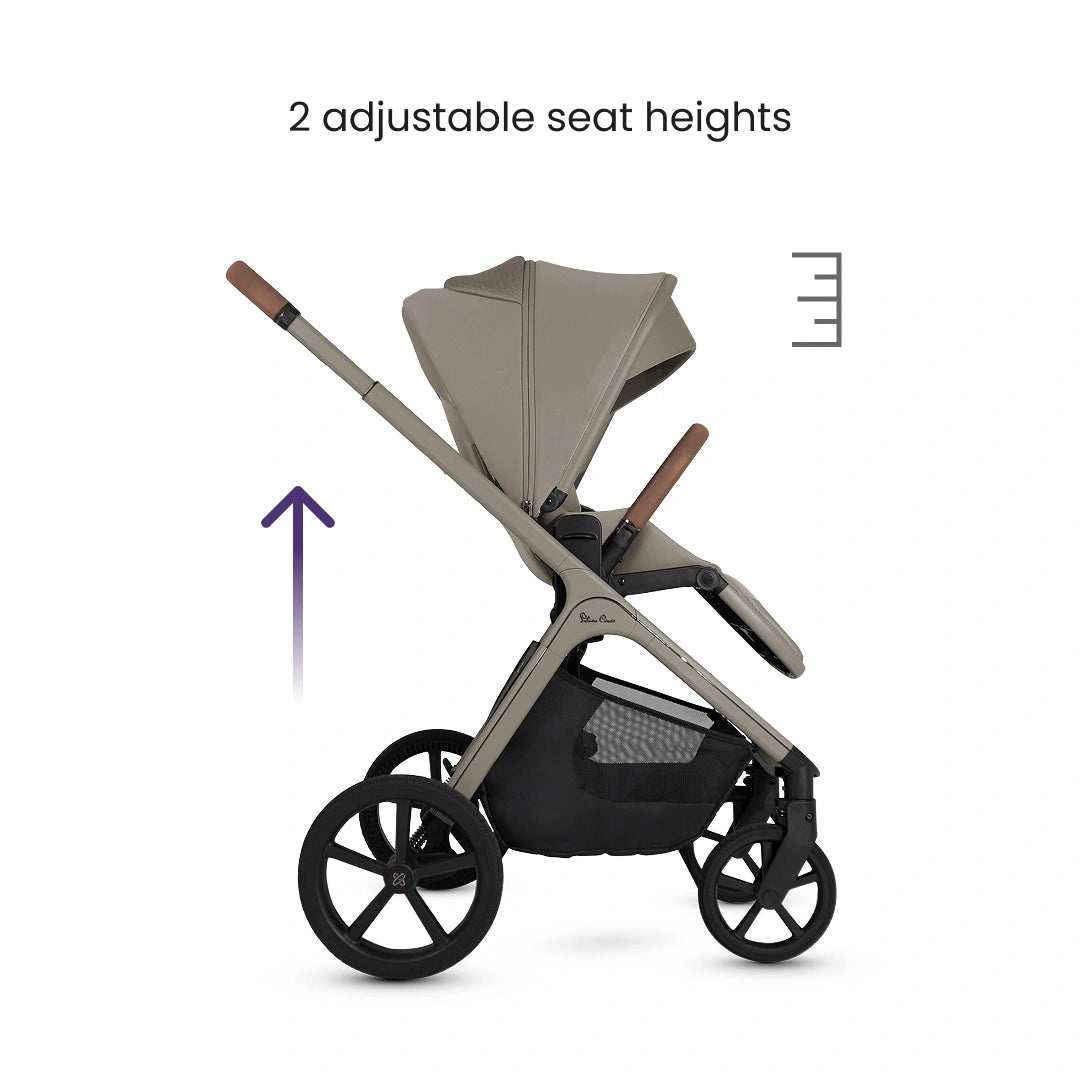 Diagram showing the two adjustable seat heights of the Champagne Cove 2 stroller.