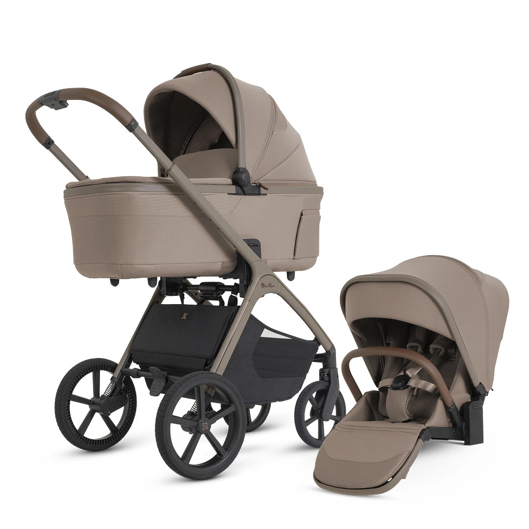 Silver Cross Cove 2 chassis with bassinet attached and the stroller seat shown separately.