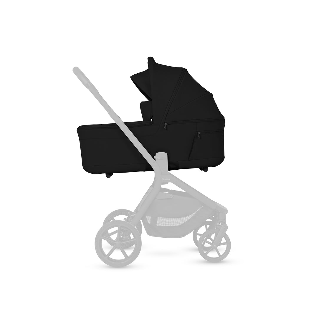 Silver Cross Breez Compact Bassinet in Black — mounted on the Breez chassis