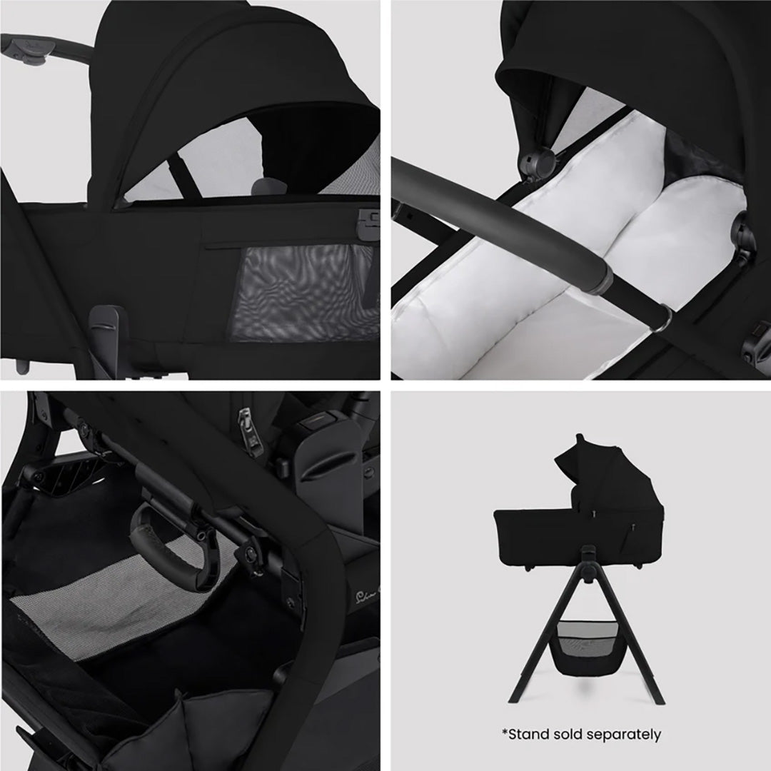 Silver Cross Breez Compact Bassinet in Black — ventilation, mattress and stand details