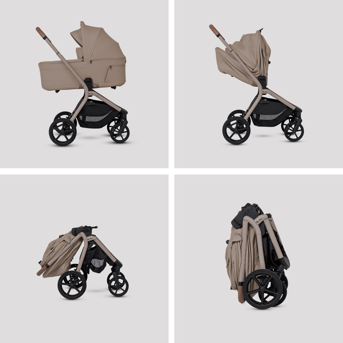 Silver Cross Breez Compact Bassinet in Champagne — compact folding sequence