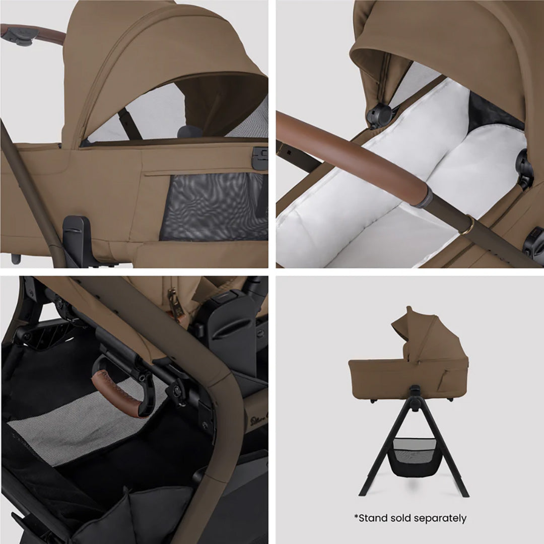 Silver Cross Breez Compact Bassinet in Maple — ventilation, mattress and stand details