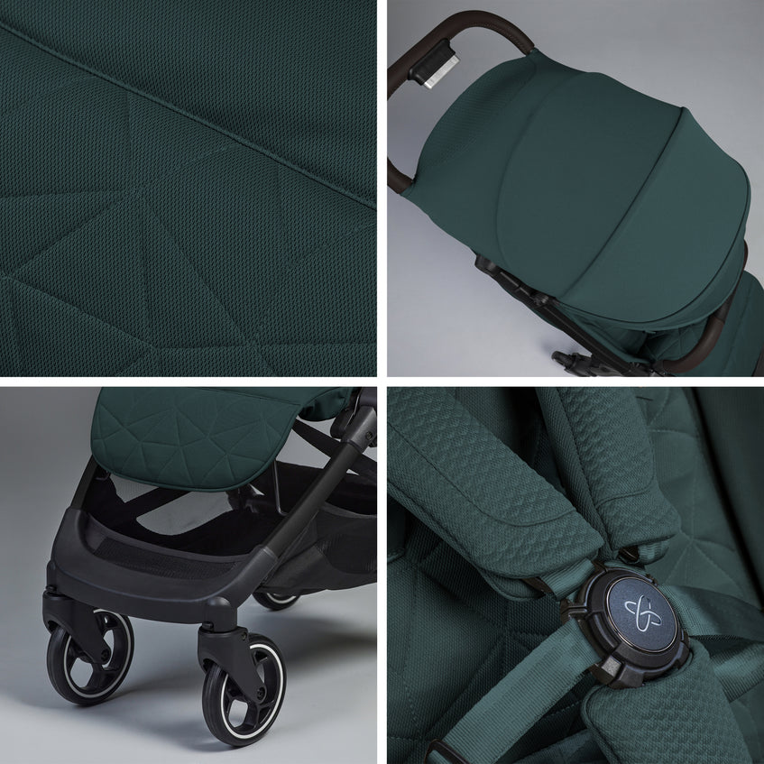 Silver Cross Clic Compact Lightweight Stroller in Conifer — hood, wheel and harness details
