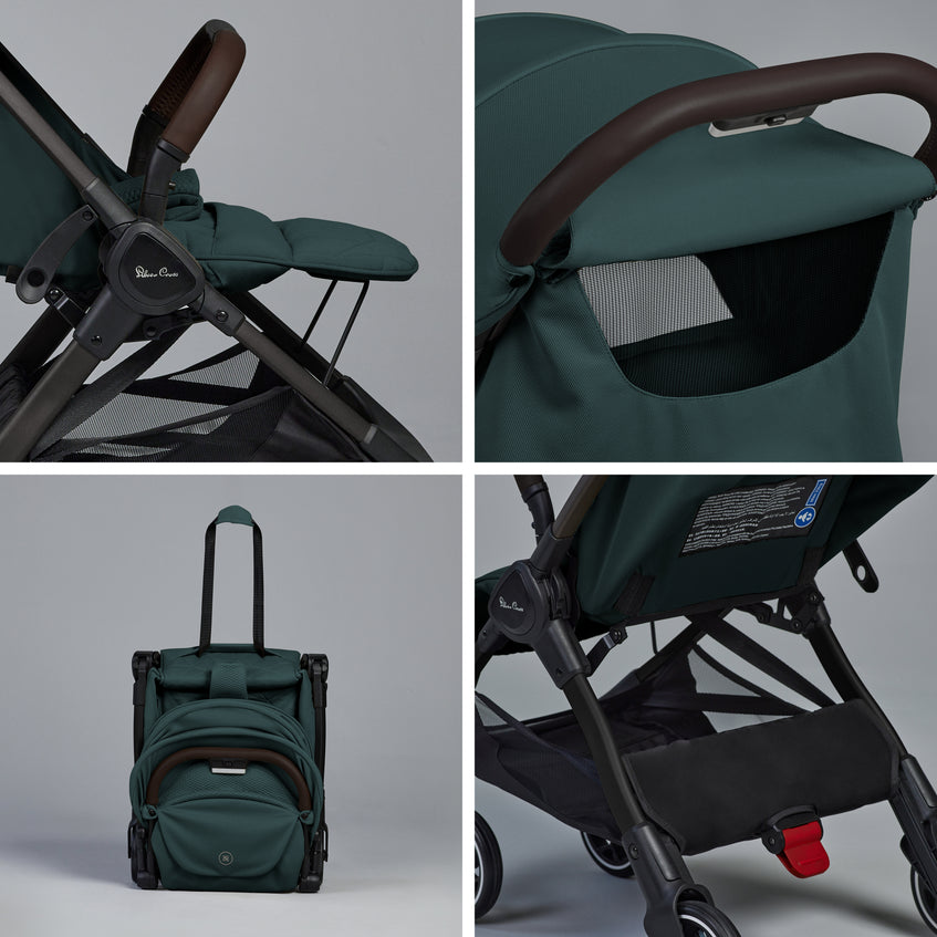 Silver Cross Clic Compact Lightweight Stroller in Conifer — fold, basket and brake details