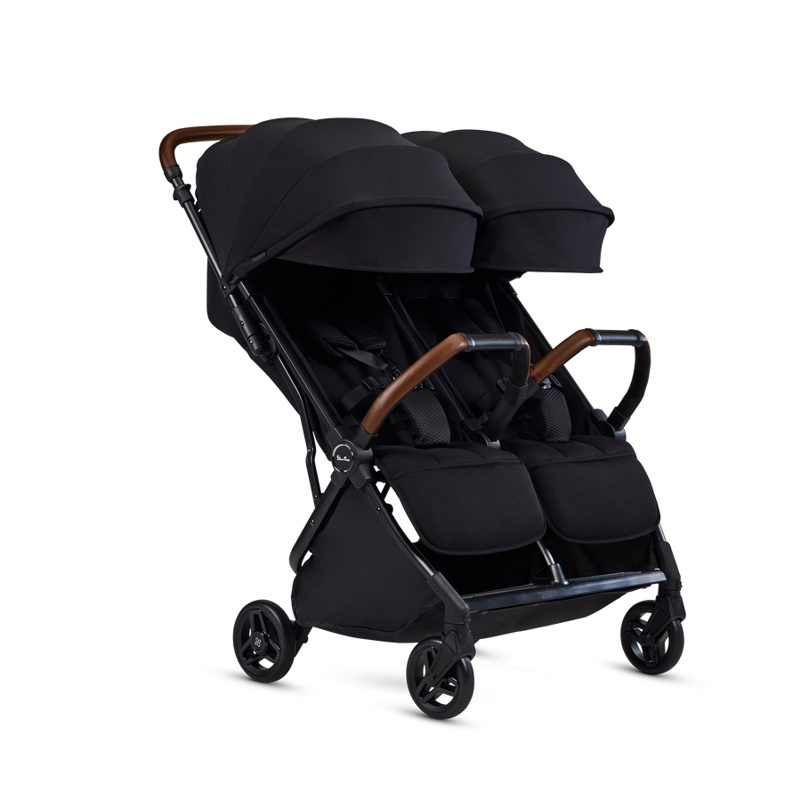 Silver Cross Jet Double Travel Stroller in Black — double stroller three-quarter view