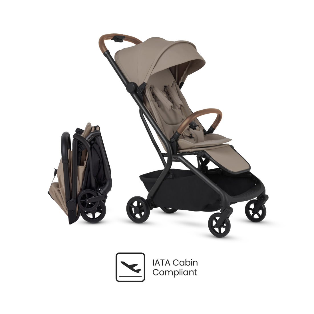 Silver Cross Nia Compact Travel Stroller in Champagne — cabin-compact fold beside stroller