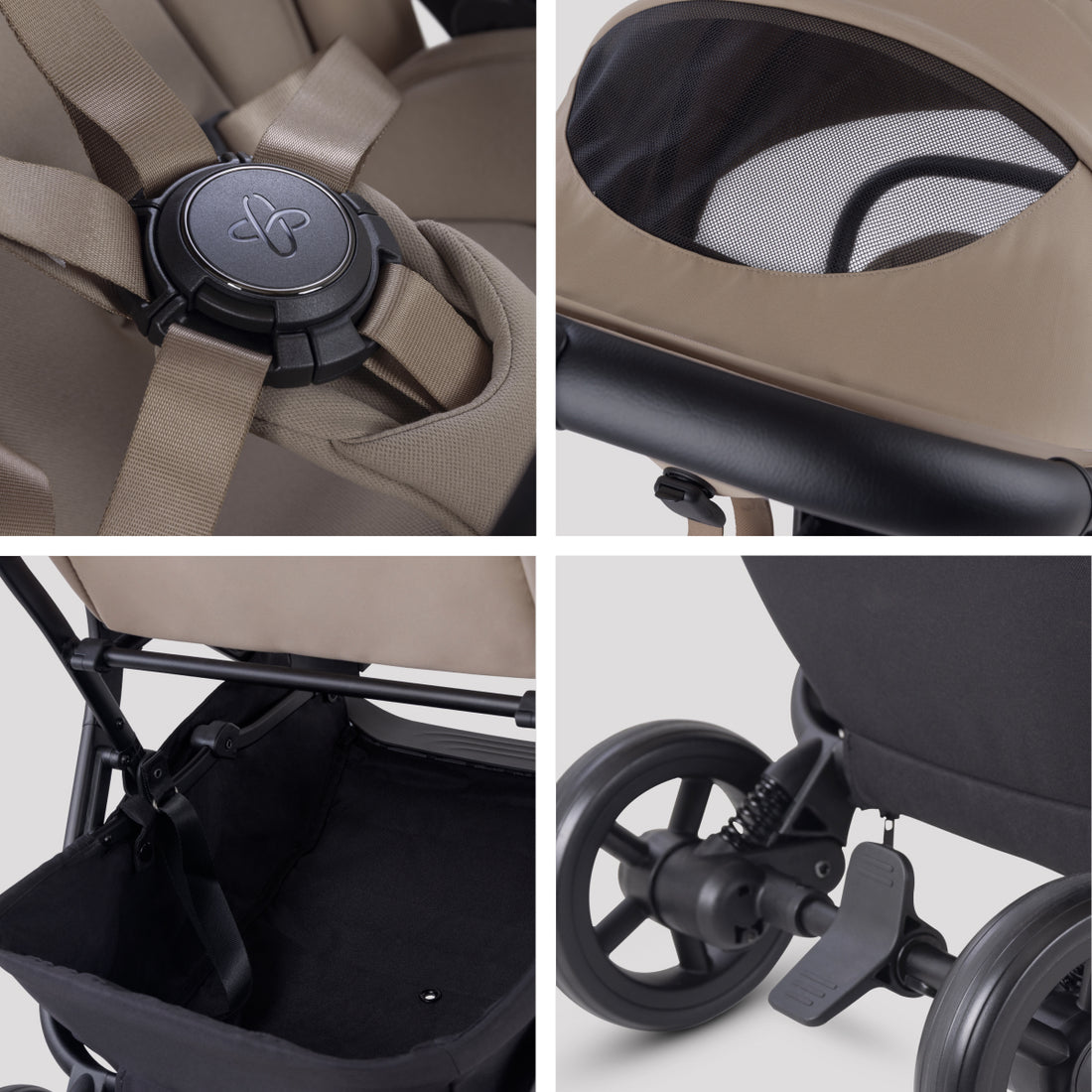Silver Cross Nia Compact Travel Stroller in Champagne — harness, basket and wheel details