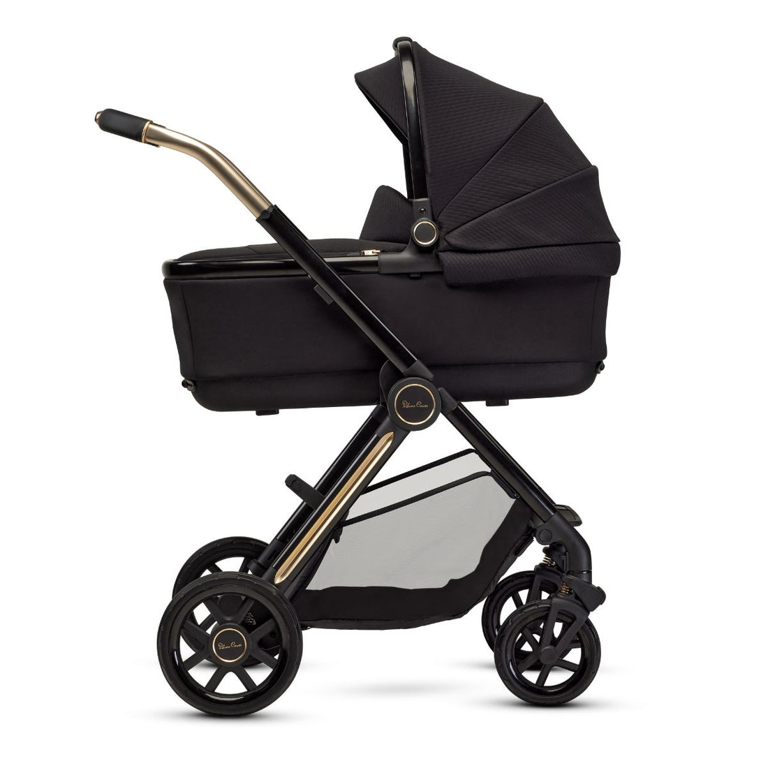 Silver Cross Reef 2 First Bed Folding Bassinet in Espresso — bassinet mounted on Reef 2