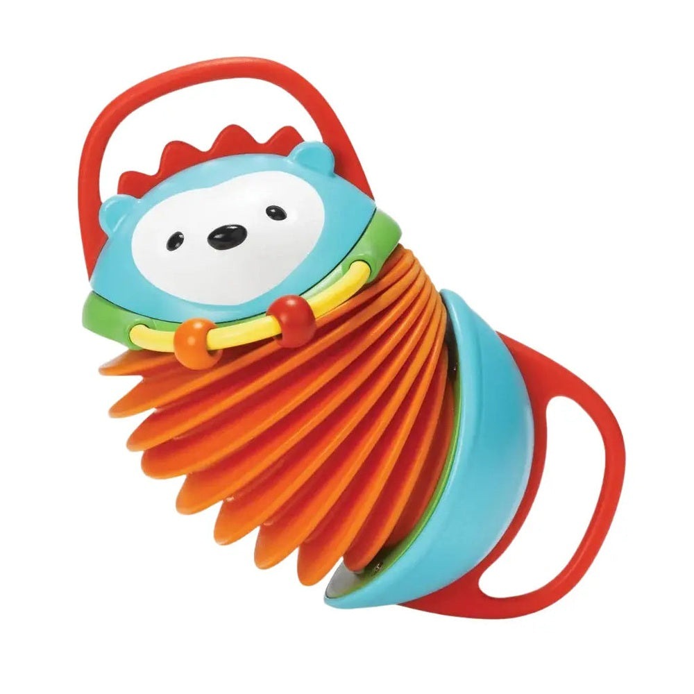 Skip Hop Explore & More Accordion toy with blue panda head and orange bellows being squeezed.